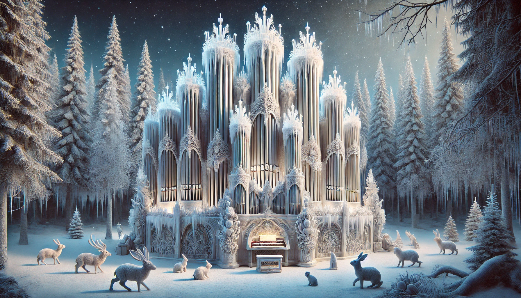 A fanciful winter scene with a large organ in a clearing in an evergreen forest, all covered with snow. Animals are in the clearing looking at the organ.