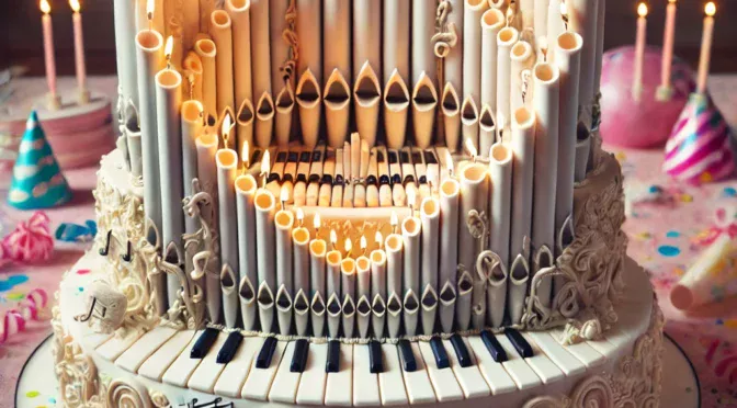 Fanciful image of birthday cake decorated with organ pipes