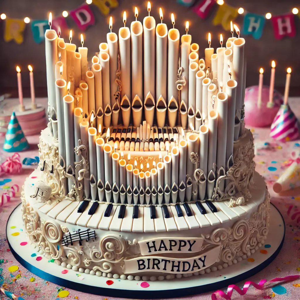 Fanciful image of birthday cake decorated with organ pipes