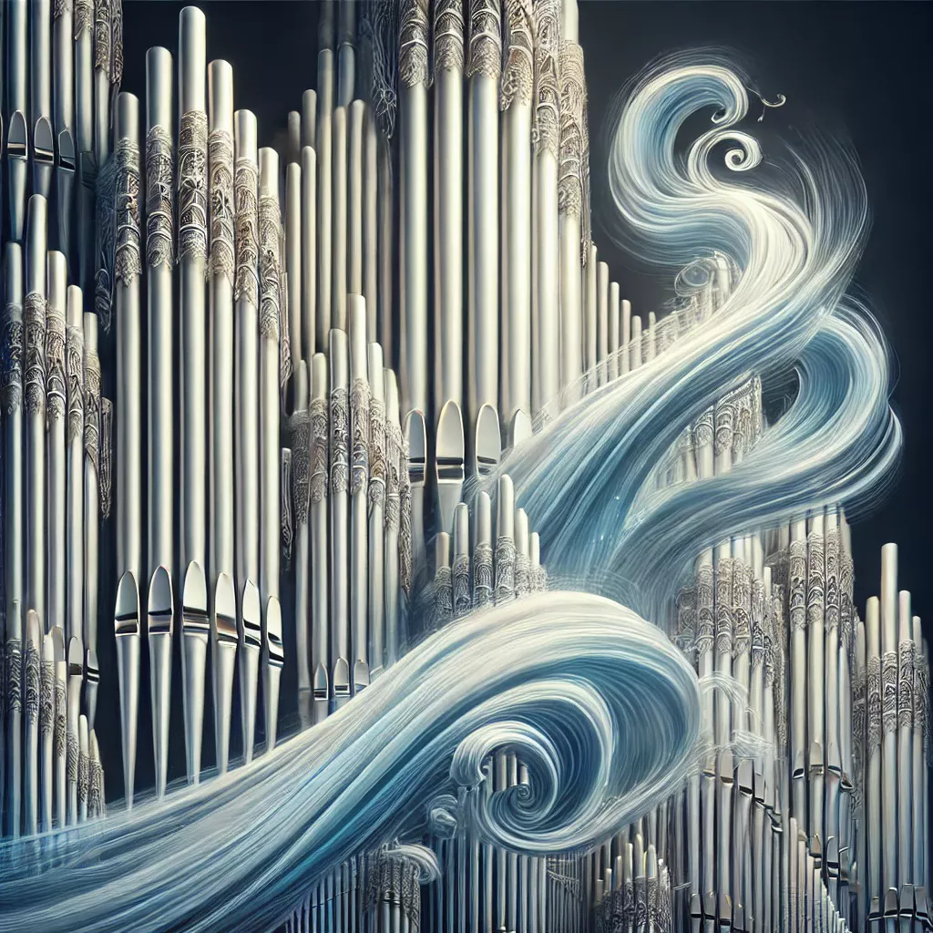 A stylized graphic showing organ pipes with swirls of wind symbolizing the month of March