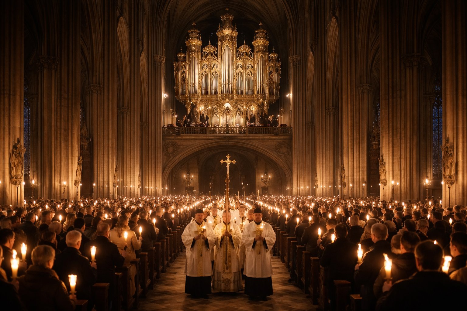 procession with candles in a large cathedral with a tracker organ visible in the gallery