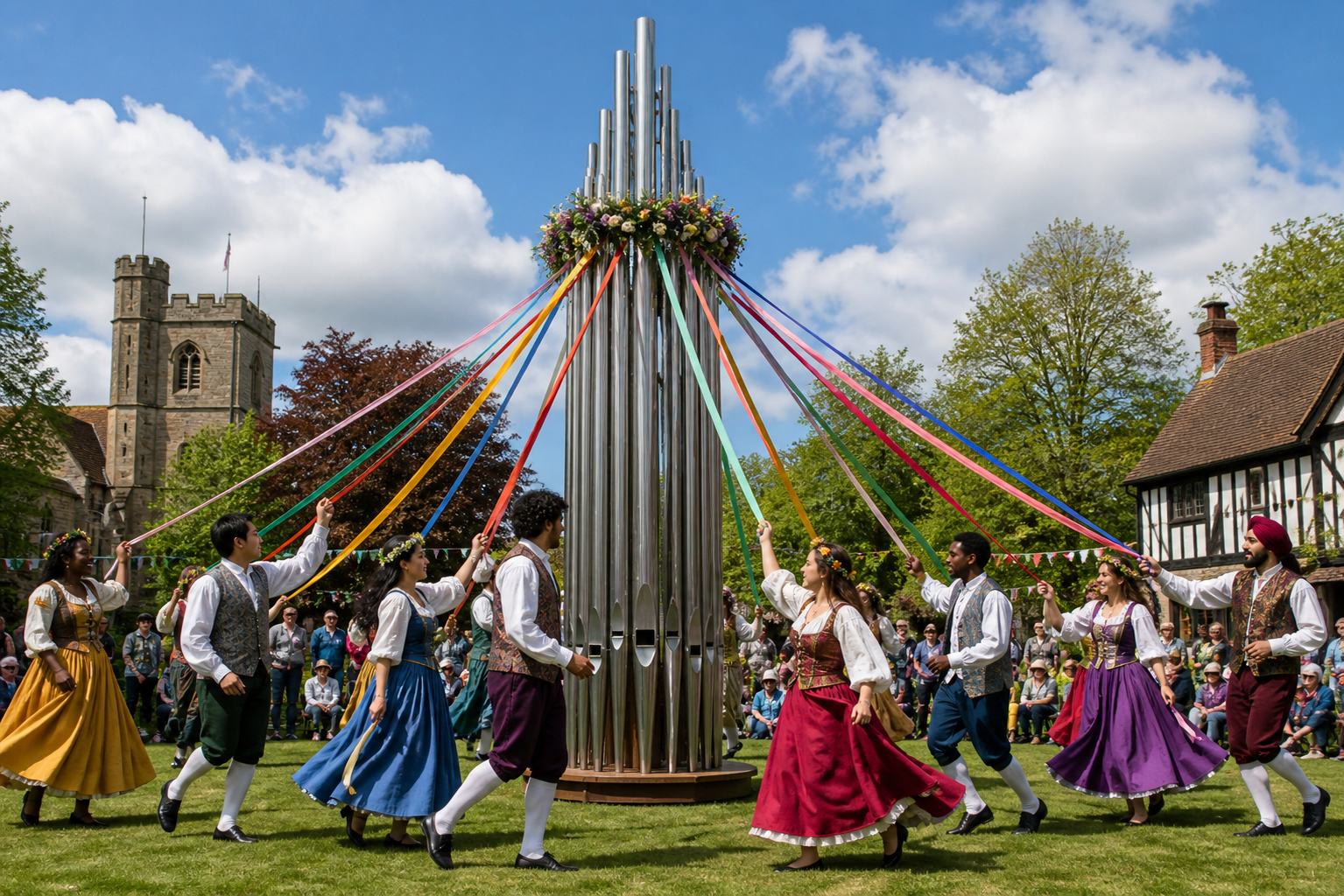 Maypole composed of organ pipes with diverse people holding ribbons and dancing around it